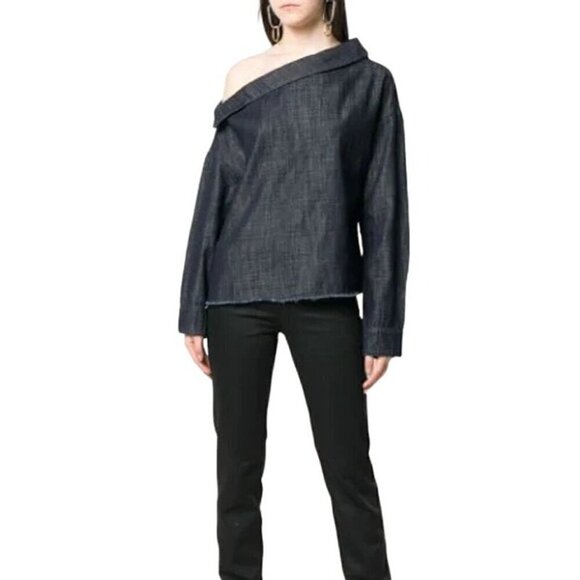 RTA Zaria One-shoulder Denim Blouse In Total Blue, Size XS, - Picture 2 of 16